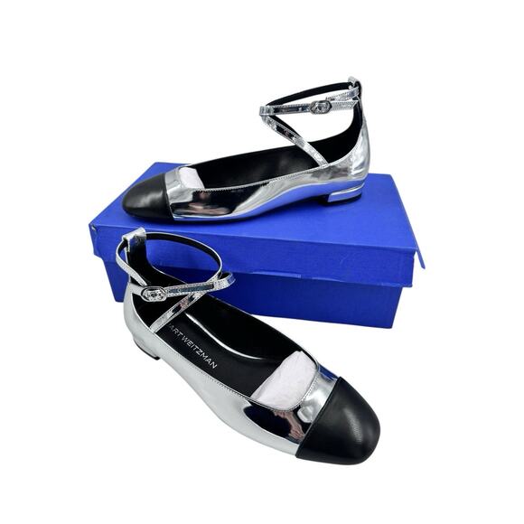 STUART WEITZMAN Silver & Black Cap Toe Leather Eden Cross-Strap Ballet Flats 7.5 - Picture 2 of 16